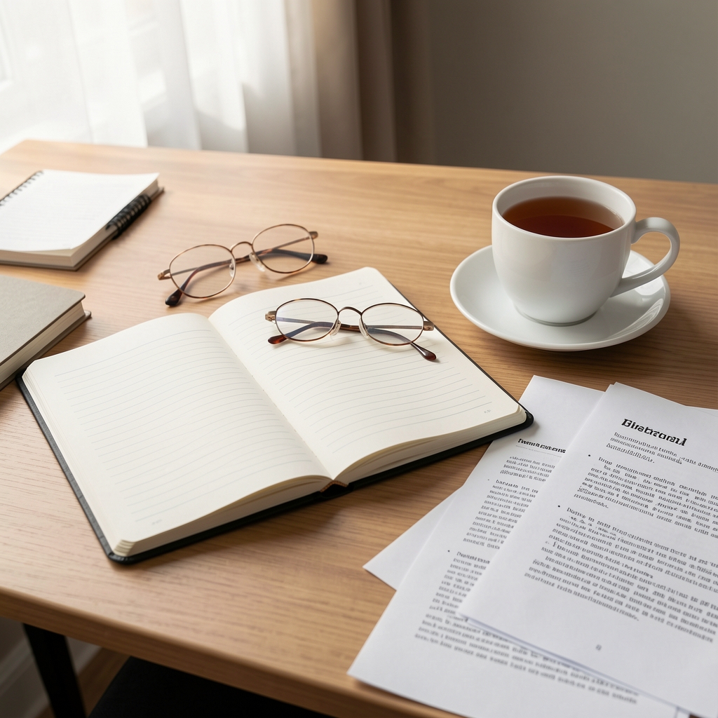 Editorial desk with open notebook, reading glasses and printed research notes beside a cup of tea