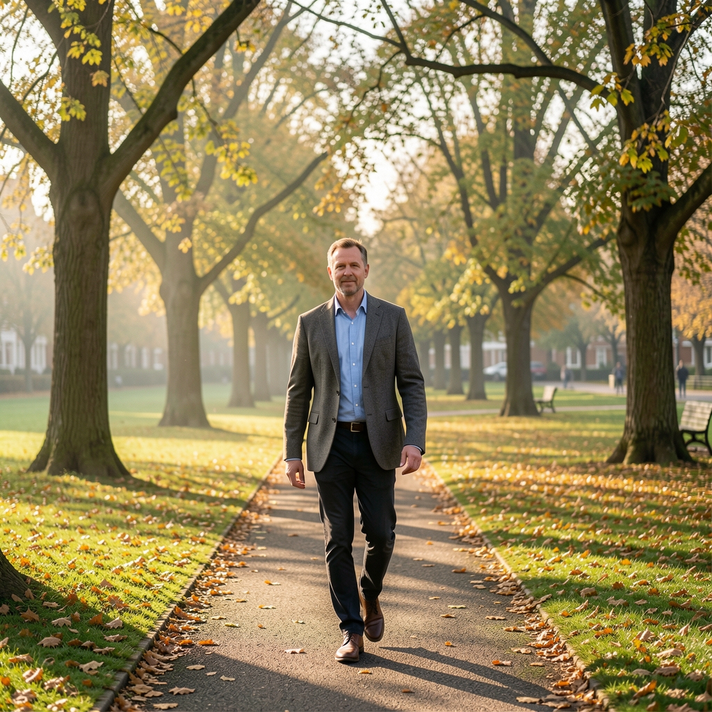 Adult walking through a leafy Manchester park in clear early morning daylight
