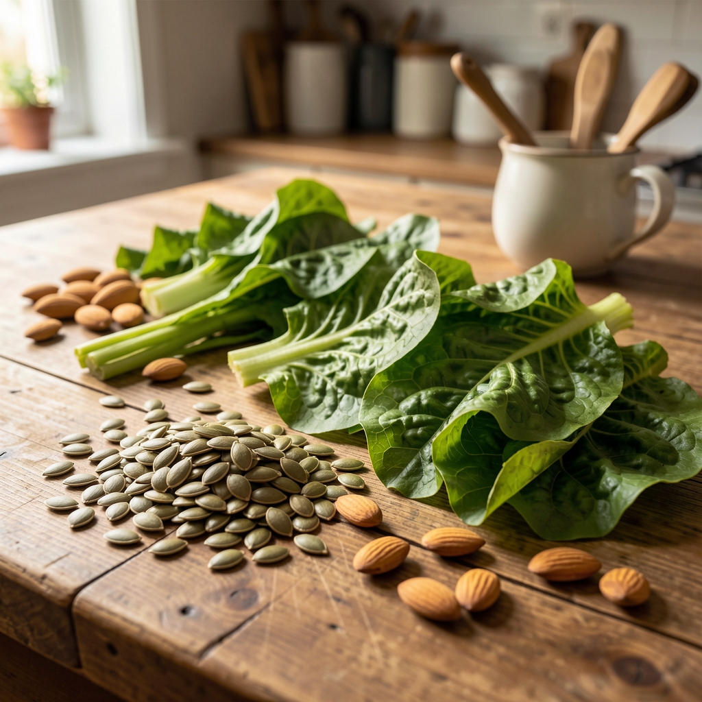 Pumpkin seeds, leafy greens and almonds arranged on a wooden kitchen table in natural light