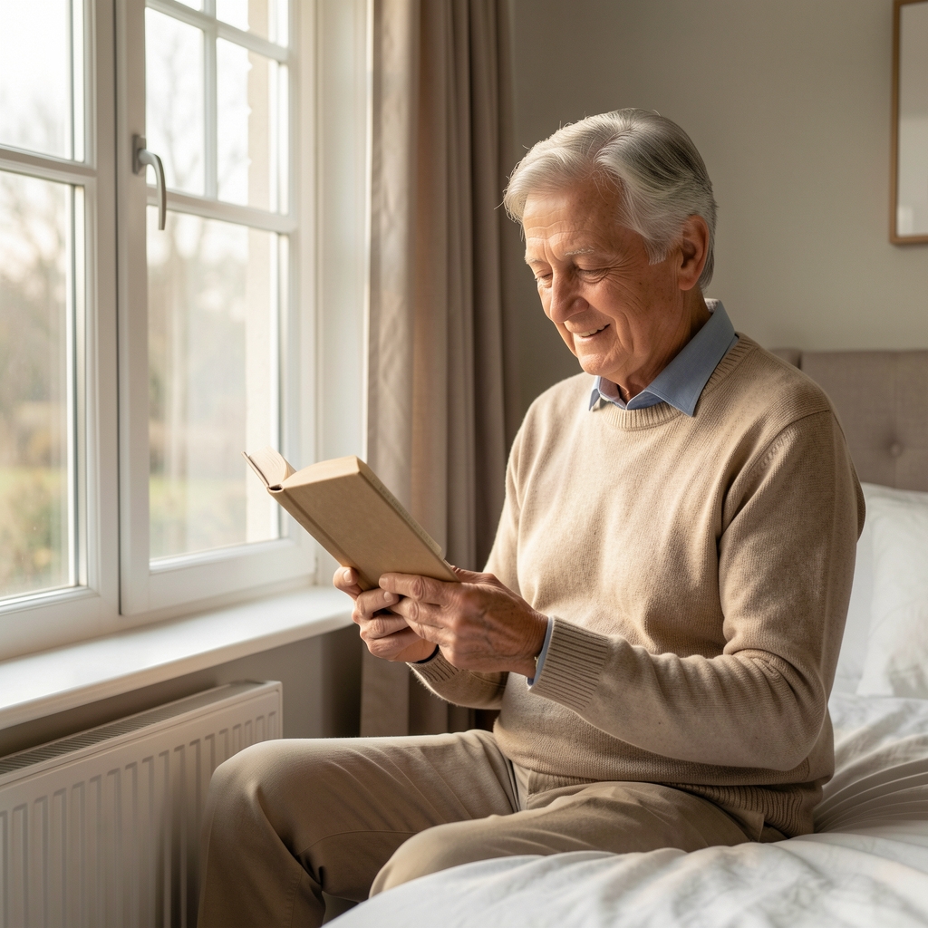Older adult reading beside a window in a calm bedroom with soft morning light