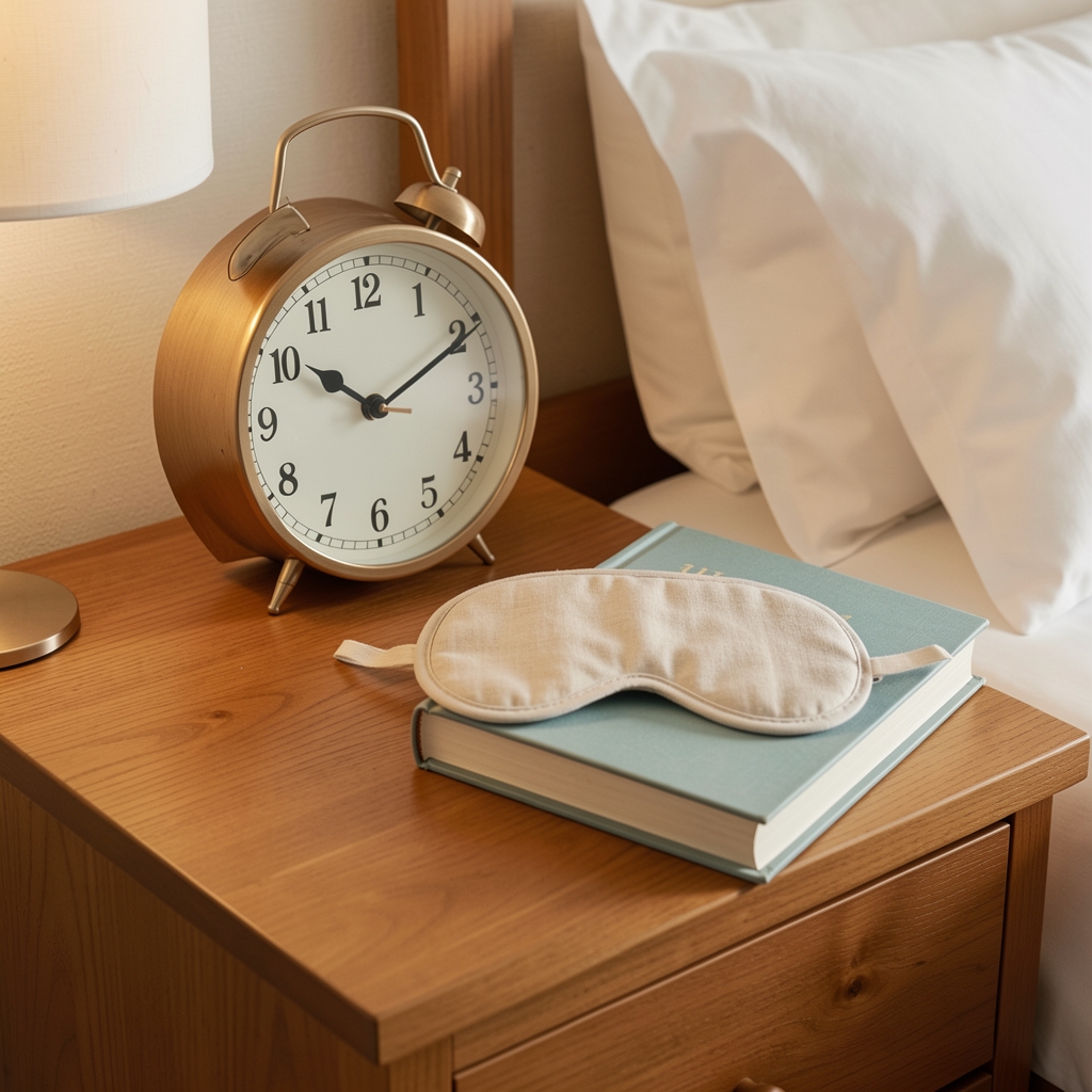 Neatly arranged bedside table with analogue clock, paperback book and linen sleep mask