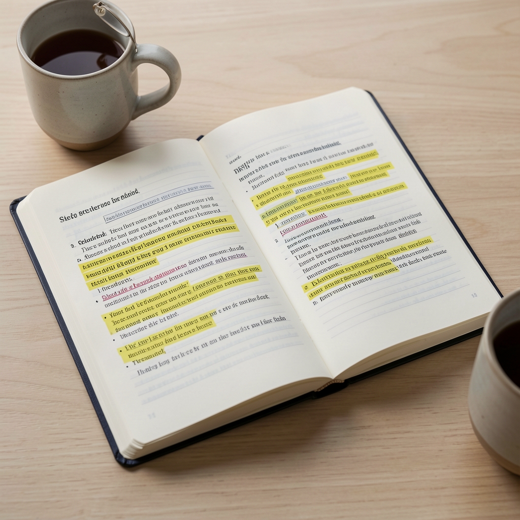 Open editorial notebook with highlighted sleep research notes, reading glasses and a ceramic mug