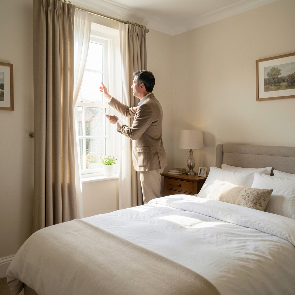 Adult opening curtains to bright daylight in a tidy bedroom during a British morning