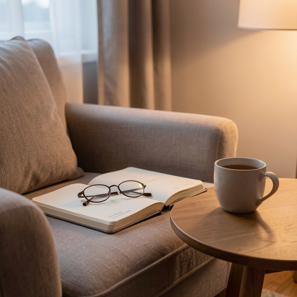 Calm evening routine with a journal, reading glasses and a cup of tea beside a softly lit chair