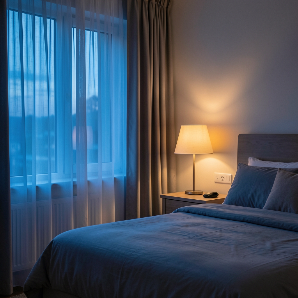 Blue evening light through curtains beside a warm reading lamp in a quiet bedroom