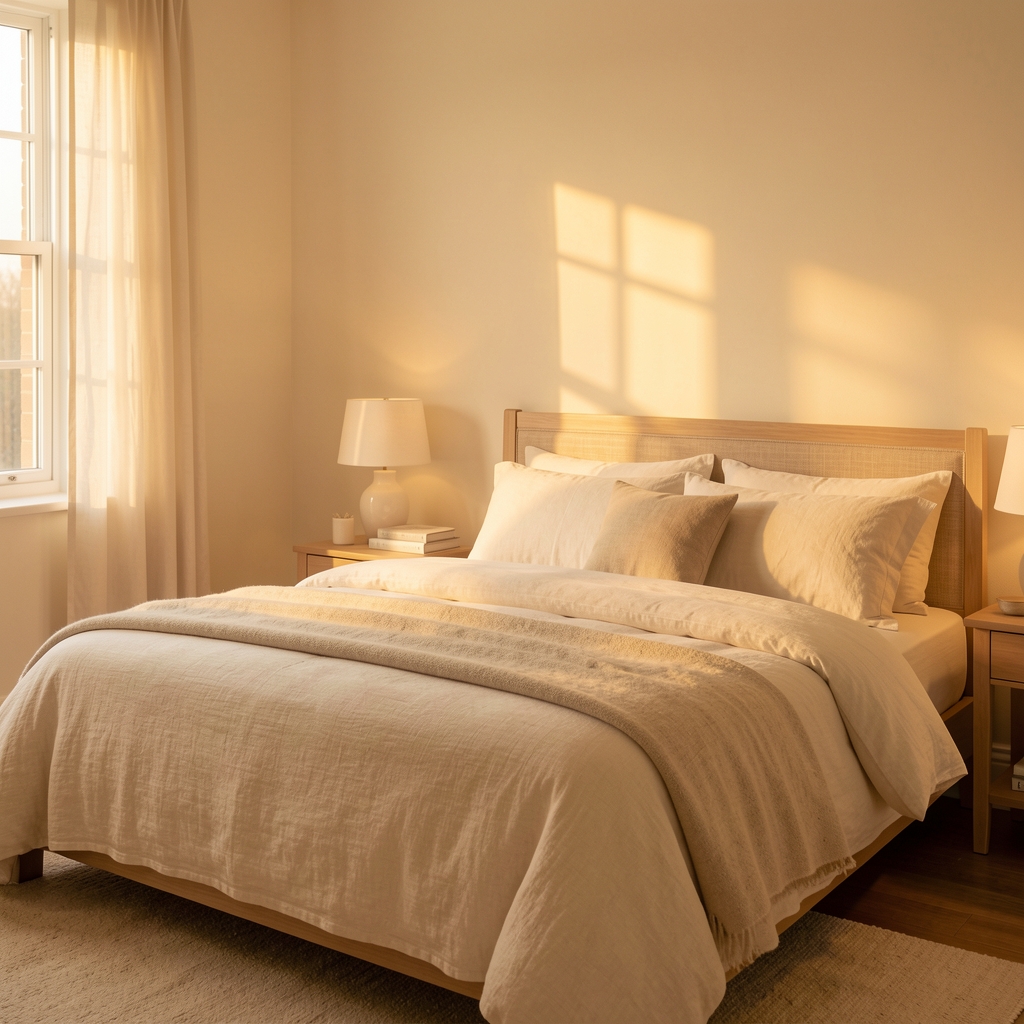Quiet bedroom at dawn with linen bedding, warm cream walls and soft golden light