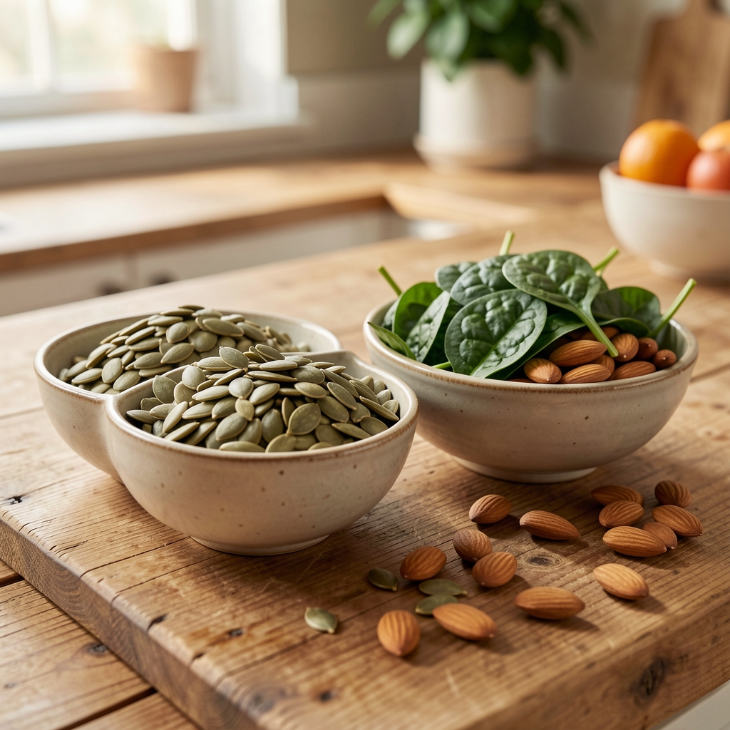 Pumpkin seeds, spinach and almonds in ceramic bowls on a natural kitchen worktop