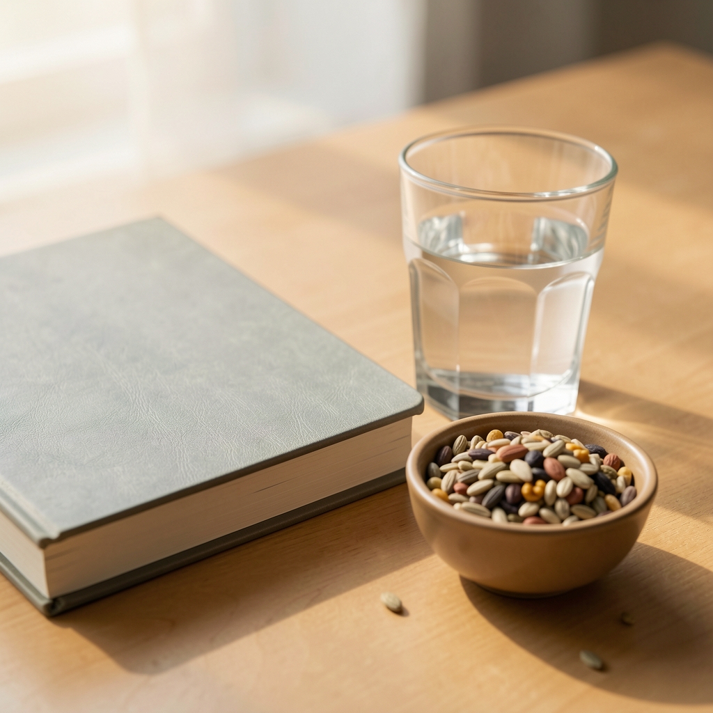 Notebook beside a glass of water and a small bowl of mixed seeds on a softly lit desk