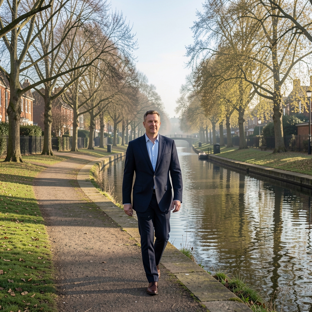 Adult walking beside a Manchester canal in clear morning light with trees and calm water