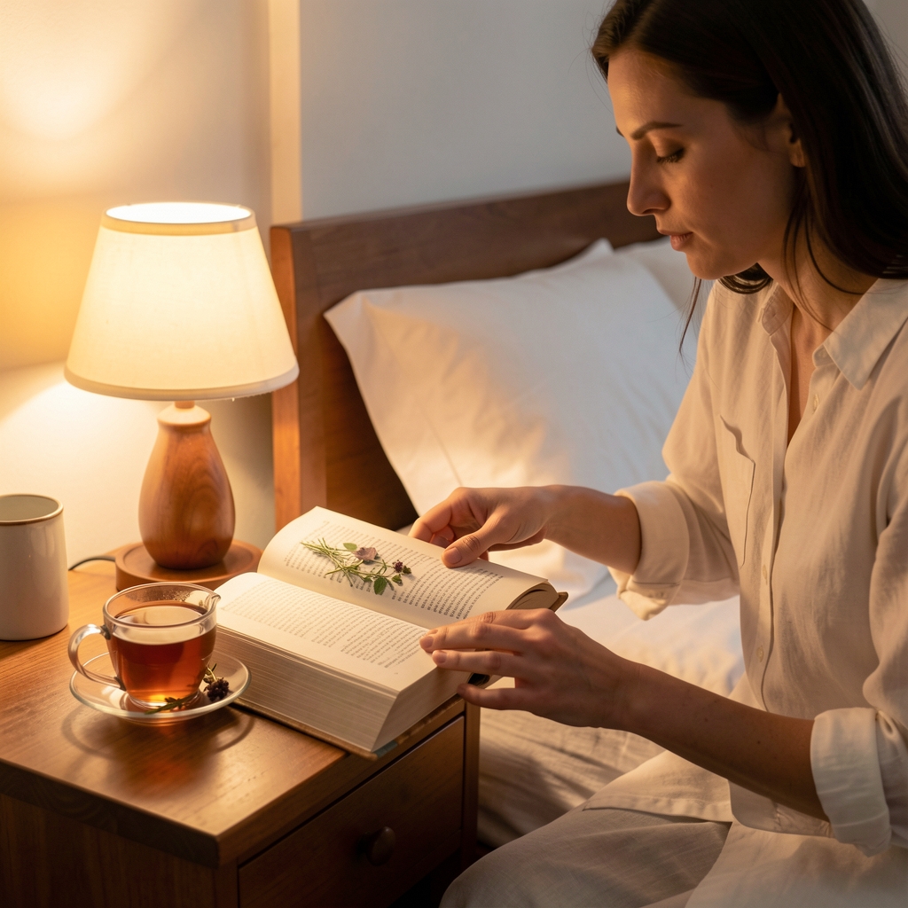 Adult preparing a book and herbal tea on a bedside table under a gentle amber lamp