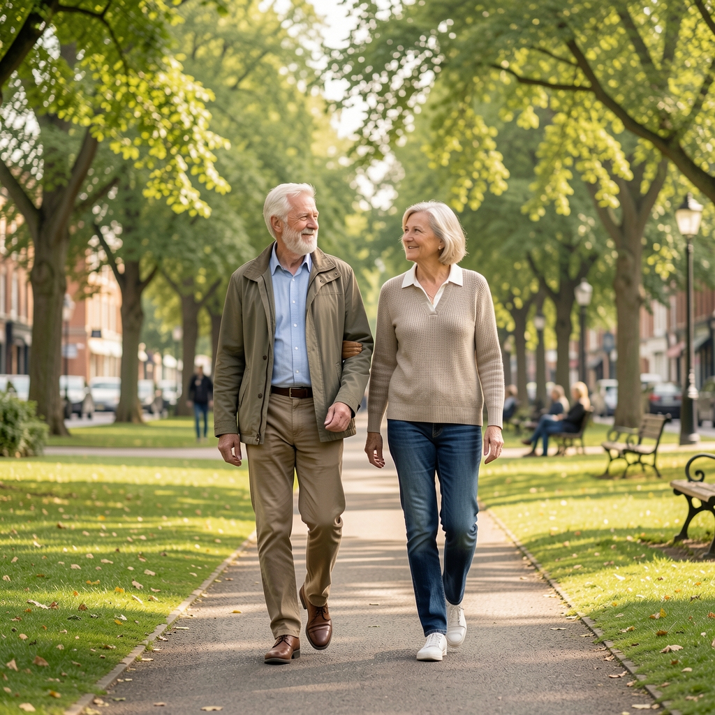 Older couple taking a relaxed walk through a leafy Manchester park beneath pale sunlight