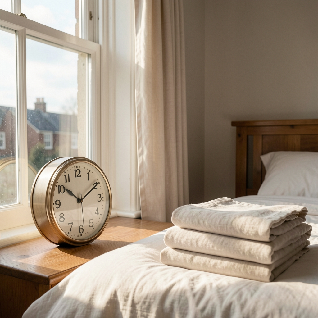 Sunlit bedroom clock and folded linen beside a window in a quiet Manchester home