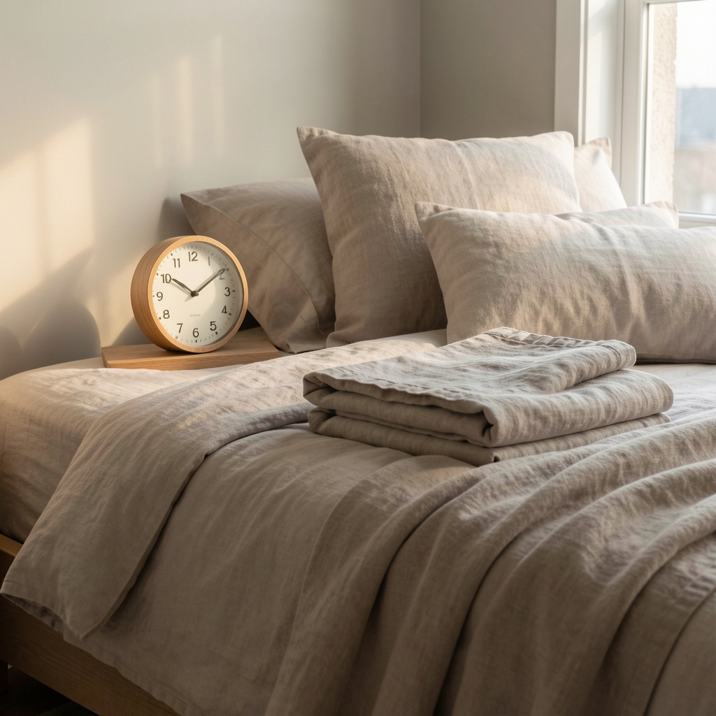 Calm adult bedroom with a bedside clock, folded linen and early morning light