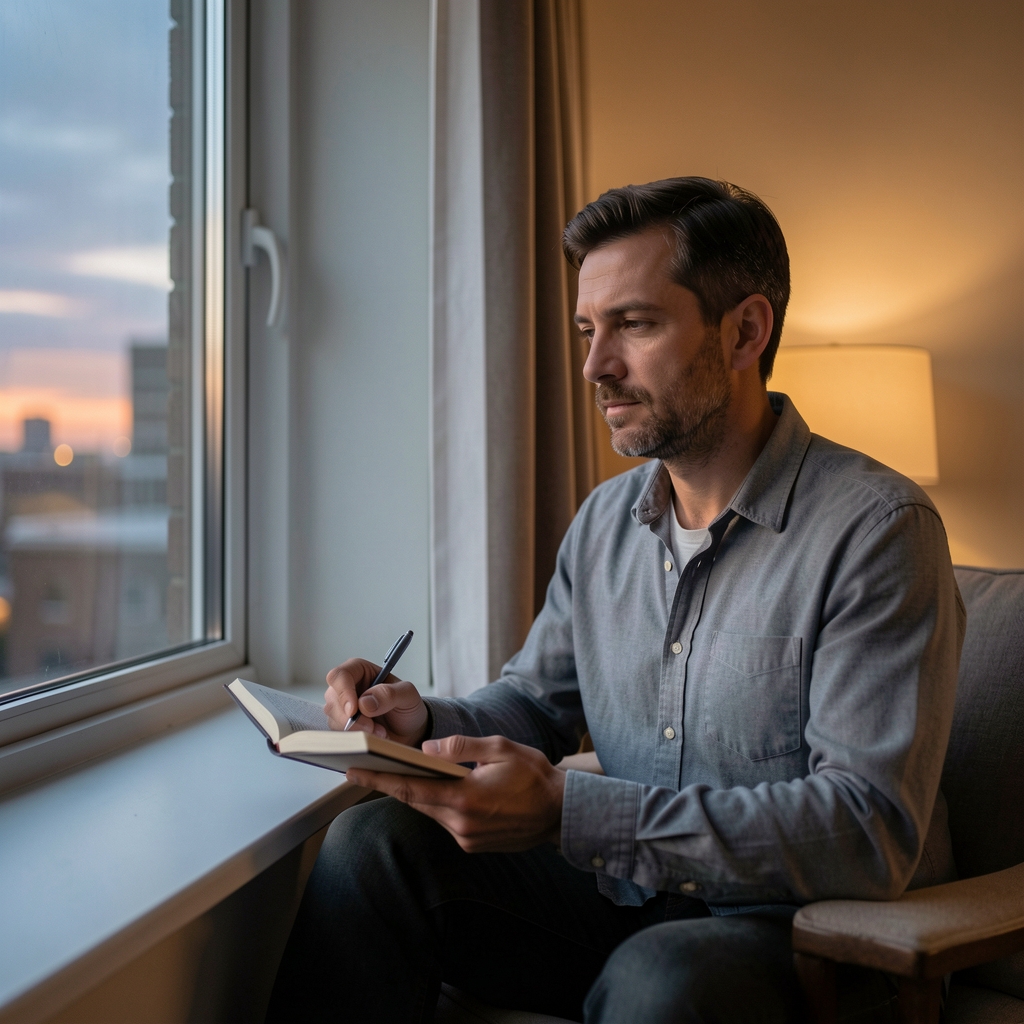Adult sitting quietly by a window at dusk with a notebook and soft room lighting